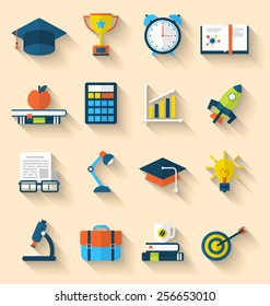 Illustration flat icons of elements and objects for high school and college education with teaching and learning, long shadow style design - vector