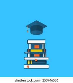 Illustration flat icons of graduation cap and  heap textbooks - vector