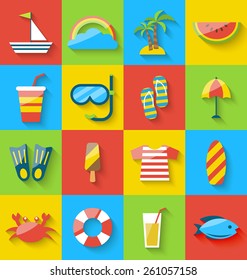 Illustration flat icons of holiday journey, summer symbols, sea leisure, colorful minimalist icons with long shadow - vector