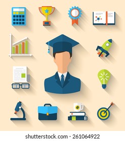 Illustration flat icons of magister and objects for high school and college education with teaching and learning, long shadow style design - vector