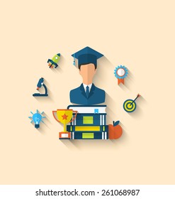 Illustration flat icons of magister and objects for high school and college, education icons, long shadow style design - vector