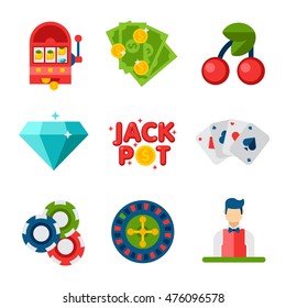 Illustration of flat icons on white background. Gambling, casino, money, roulette, poker. Set of design Elements of casino and gambling.