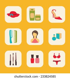 Illustration flat icons set with a central woman surrounded by hat, creams, shoes, hairbrushes, perfume, tools for manicure, nail polishes and underwear - vector