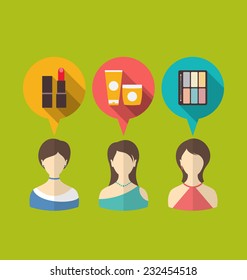 Illustration flat icons of three woman with speech and thought bubbles - vector