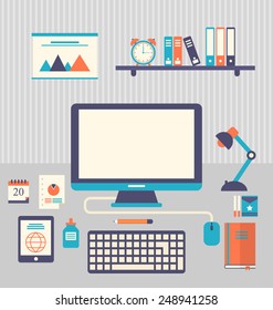Illustration flat icons of trendy everyday objects, office supplies and business items for daily usage - vector