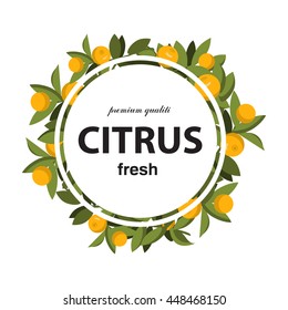   Illustration flat with the image of oranges 
with leaves on branches and the text