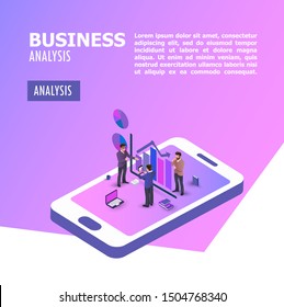 Illustration Flat isometric Business analysis concept with characters. Graphic and audit documentation, economic analysis financial budget. vector background. vector