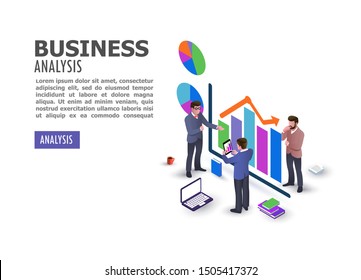 Illustration Flat isometric Business analysis concept with characters. Graphic and audit documentation, economic analysis financial budget. vector background. vector