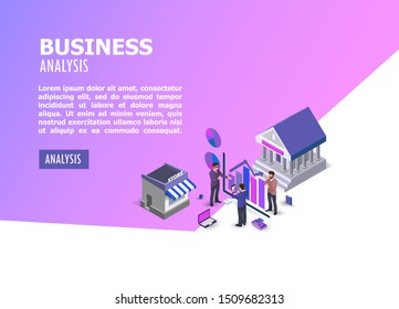 Illustration Flat isometric Business analysis concept with characters. Graphic and audit documentation, economic analysis financial budget. vector background. vector