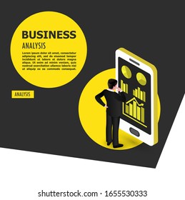 Illustration Flat isometric Business analysis concept with character. Graphic and audit documentation, economic analysis financial budget. vector background. vector