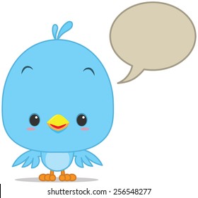 Illustration Flat Kawaii Blue Bird with blank bubble talk