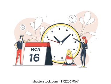 Illustration of flat linear geometric people in working proccess. Illustration for landing page.