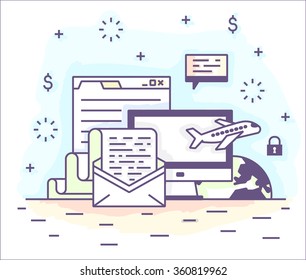 Illustration in a flat linear style. Schedule and personal correspondence, business travel, transactions across the globe.