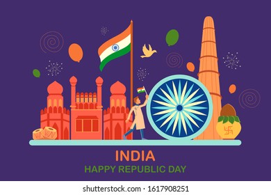 illustration of flat minimal simplistic background for 26 January Happy Republic Day of India