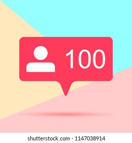 illustration of flat minimalism pastel colored one hundred like followers social media icon on pink and blue background
