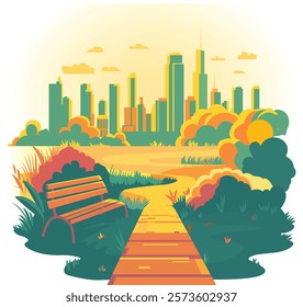 Illustration in a flat, minimalistic style of a city park with a bench and skyscrapers of the megalopolis against the sky.
