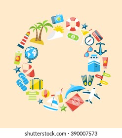Illustration Flat Modern Design Collection Icons of Travel on Holiday Journey, Planning Summer Vacation, Tourism Objects and Equipment - Vector