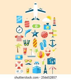 Illustration flat modern design set icons of travel on holiday journey, tourism objects and equipment - vector
