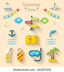 Illustration flat modern design set icons of travel on holiday journey, tourism objects and equipment - vector