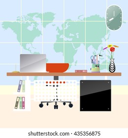 Illustration of flat modern workplace in room. Creative office workspace with map background.