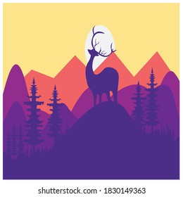 illustration of flat mountain and deer night view with colorful vector design background