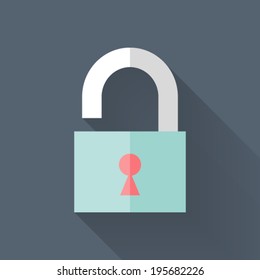 Illustration of Flat open padlock icon over blue