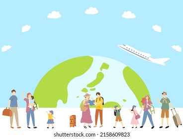 illustration of flat people enjoying air travel and overseas travel