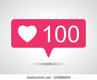illustration of flat pink hundred like heart social media icon on grey background