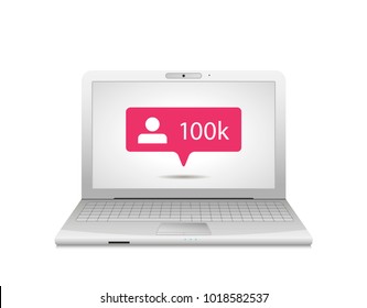 illustration of flat pink one hundred thousand like followers social media icon on screen of laptop