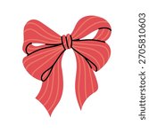Illustration of a flat pink striped bow. Double ribbon bow. Flat colored insulated ribbon. Decorative element for gift packaging, gifts, greeting cards, or fashion event banners