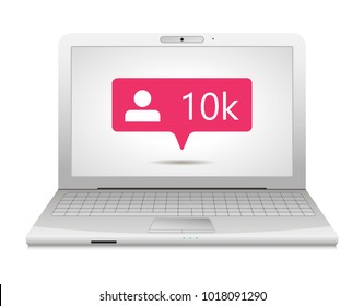 illustration of flat pink ten chiliad like followers social media icon on screen of laptop