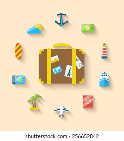 Illustration flat set icons tourism objects and equipment with suitcase, long shadow style - vector