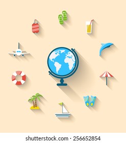 Illustration flat set icons tourism objects and equipment with globe, long shadow style - vector