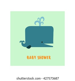 Illustration of flat simple cute smiling blue whale isolated on background with lettering Baby shower boy poster card/ vector eps 10