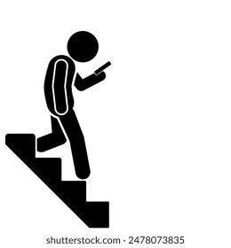 Illustration of a flat stick figure character walking down a staircase holding a cell phone