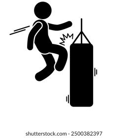 illustration of a flat stick figure character hitting and kicking a punching bag