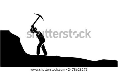 Illustration of a flat stick figure character of a miner hoeing soil and rocks