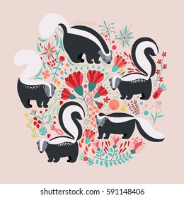 Illustration in flat style with cartoon floral elements, flowers and skunks. Cute colorful postcard design.