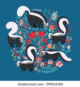 Illustration in flat style with cartoon floral elements, flowers and skunks. Cute colorful postcard design.