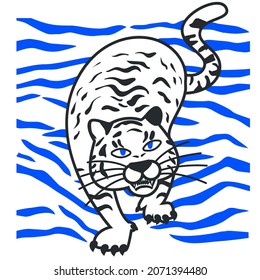 Illustration in a flat style. Cartoon white-blue tiger. T-shirt print.