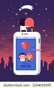Illustration in flat style with cute characters. A couple in love sitting on a big smartphone with a dating app. City, sunset and a shooting star on background. Love, relationship, romance.
