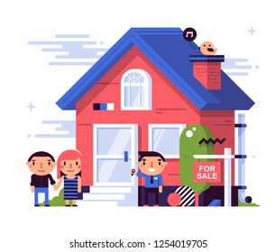Illustration in flat style with cute characters. A young couple watching a house for a purchase. Satisfied agent pulls them the key. Red plate "For sale". Rent, mortgage, property purchasing.
