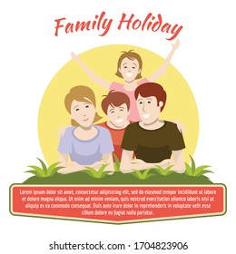 Illustration in flat style, family portret of 4 people, family holiday, place for text. Can be used as a postcard, poster, banner, illustration, design blank. Stay home