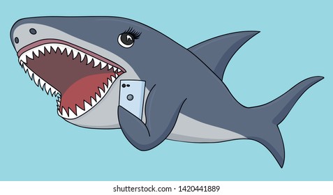 Illustration in flat style of female shark that is chatting on mobile phone, can be used like sticker or printing