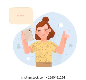 Illustration in flat style. Girl with a raised index finger reads information from her gadget. Character surrounded by icons social network, speech bubble. Technology, learning, chatting, application.