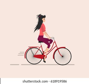 Illustration In Flat Style. Girl Rides A Walking Red Bike. Girl Is With Long Black Hair, In Pink Blouse And Violet Trousers