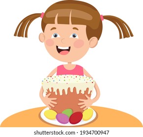Illustration in a flat style. Girl and traditional festive food for Easter celebration.
