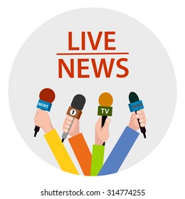 illustration in flat style.  hands holding microphones . 