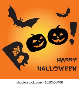 
illustration in flat style for the holiday halloween. Boo, happy halloween, spider web, pumpkins with face, bats on an orange background. Cartoon. Can be used in web design, printing, banners, flyers