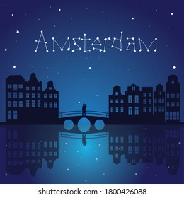 Illustration in a flat style. Kiss on the bridge. In the sky there is an inscription of stars Amsterdam. Reflection in water. Can be used in web design, infographics, postcards, banners, flyers.